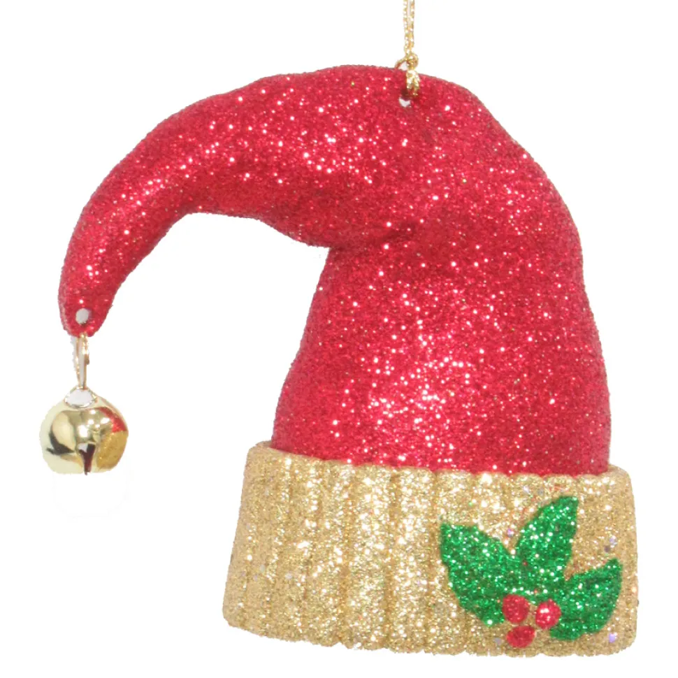 ORN RED SANTA HAT 3.25″ RED/GOLD GLITTER W/ SHINY GOLD BELL