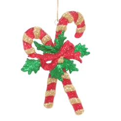 ORN RED/GRN/GLD CANDY CANE4.5″ W/ BOW & GLTR.
