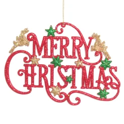 ORN RED/GRN/GLD MERRY CHRISTMAS 7″x5″ “MERRY CHRISTMAS” W/ DEER, STARS, & GLTR.