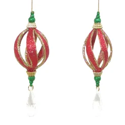 ORN RED/GRN/GLD SPIRAL DROP 6.25″ W/ TEARDOPS & GLTR. 2/S