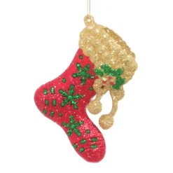 ORN RED/GRN/GLD STOCKING 4.5″ W/ SNOWFLAKE & GLTR.