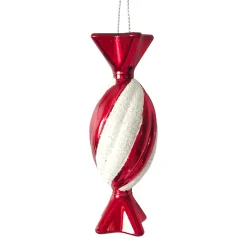 ORN RED/WHITE CANDY 4″ W/ WHITE GLITTER
