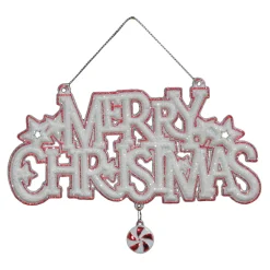 ORN RED/WHITE “MERRY CHRISTMAS” 4″X6″ W/ ICE GLITTER & CANDY