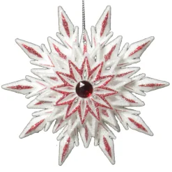 ORN RED/WHITE SNOWFLAKE 4.5″ W/ ICE GLTR. & RED JEWEL