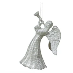 ORN SILVER ANGEL 5″ W/HORN W/ BRIGHT SILVER GLITTER