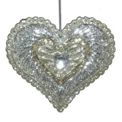 ORN SILVER HEART 4″ W/ PART GOLD GLITTER & JEWEL