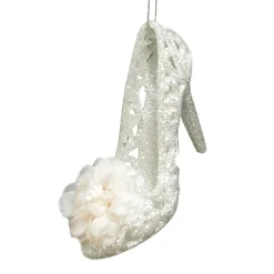 ORN SILVER HIGH HEEL SHOE 4″ W/ FLOWER & BRIGHT SLV. GLTR.