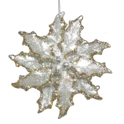 ORN SILVER HOLY SNOWFLAKE 4.5″ W/ BRIGHT GLITTER & GOLD EDGE