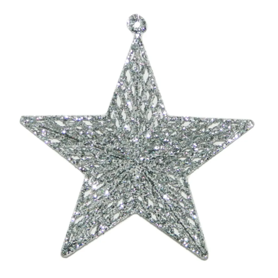 ORN SILVER MESH STAR 7″ W/GLTR