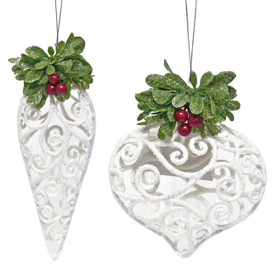ORN WHITE FINIAL 6.5″/ ONION 5″ WHITE CUTOUT W/ BERRIES 2/S