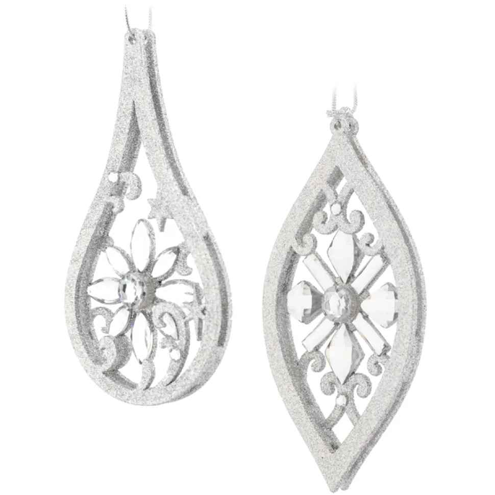 ORN WHITE /SILVER DROP 6.5″ W/GLTR & JEWELS 2/S