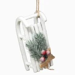 ORN WHITE SLED 4.5″ W/ PINE,BERRY & GLTR.