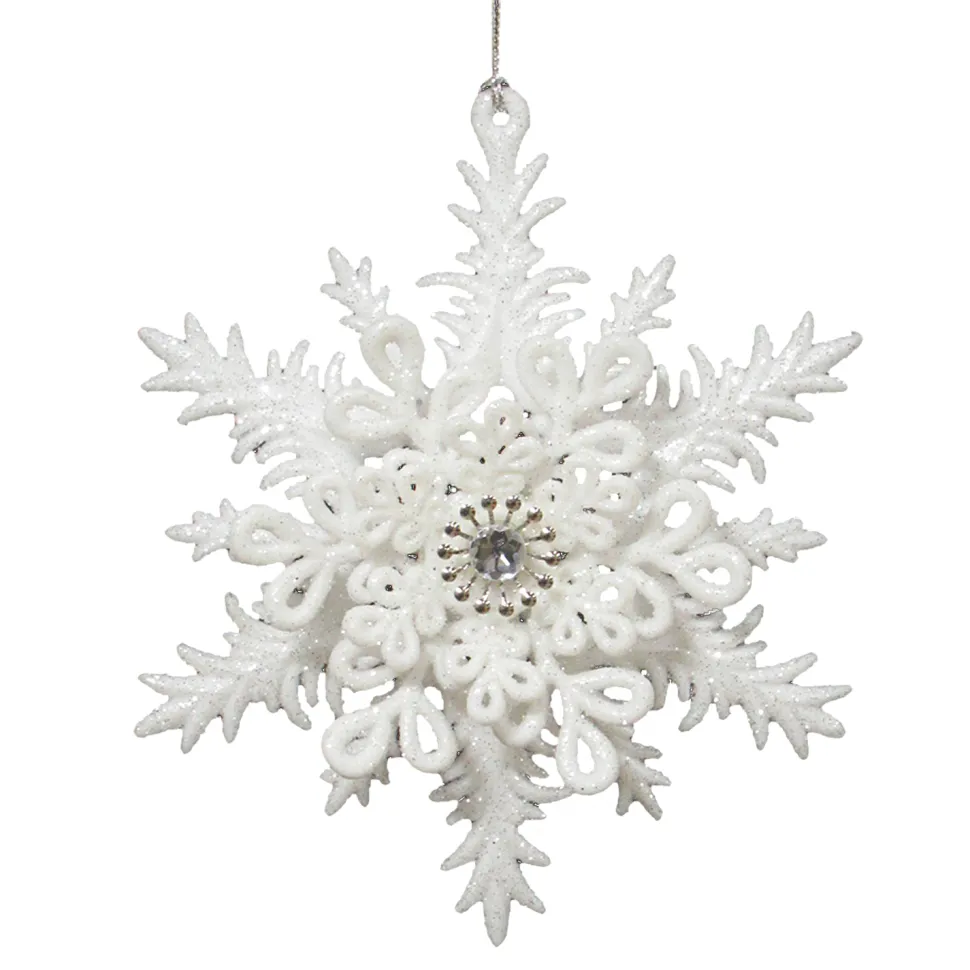 ORN WHITE SNOWFLAKE 5.25″ W/ JEWEL & GLTR.