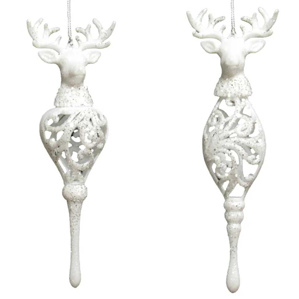 ORN WHITE STAG HEAD DROP 7.5″ & 7.75″ W/ FROST GLTR. 2/S