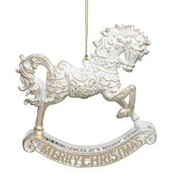 ORN WHITE/GOLD ROCKING HORSE 5.25″ W/ CHAMP. GLTR.