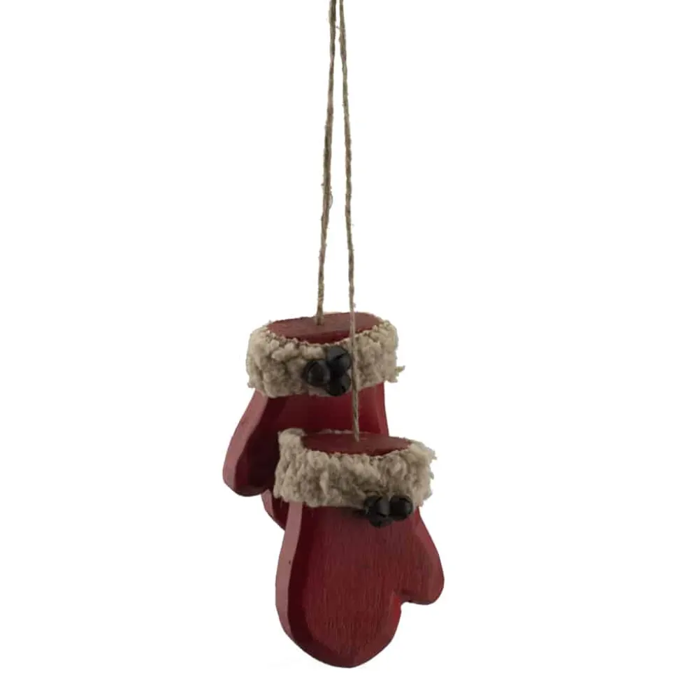 ORN WINTER WOODEN MITTENS 2.75″ RED W/ FAUX FUR TRIM