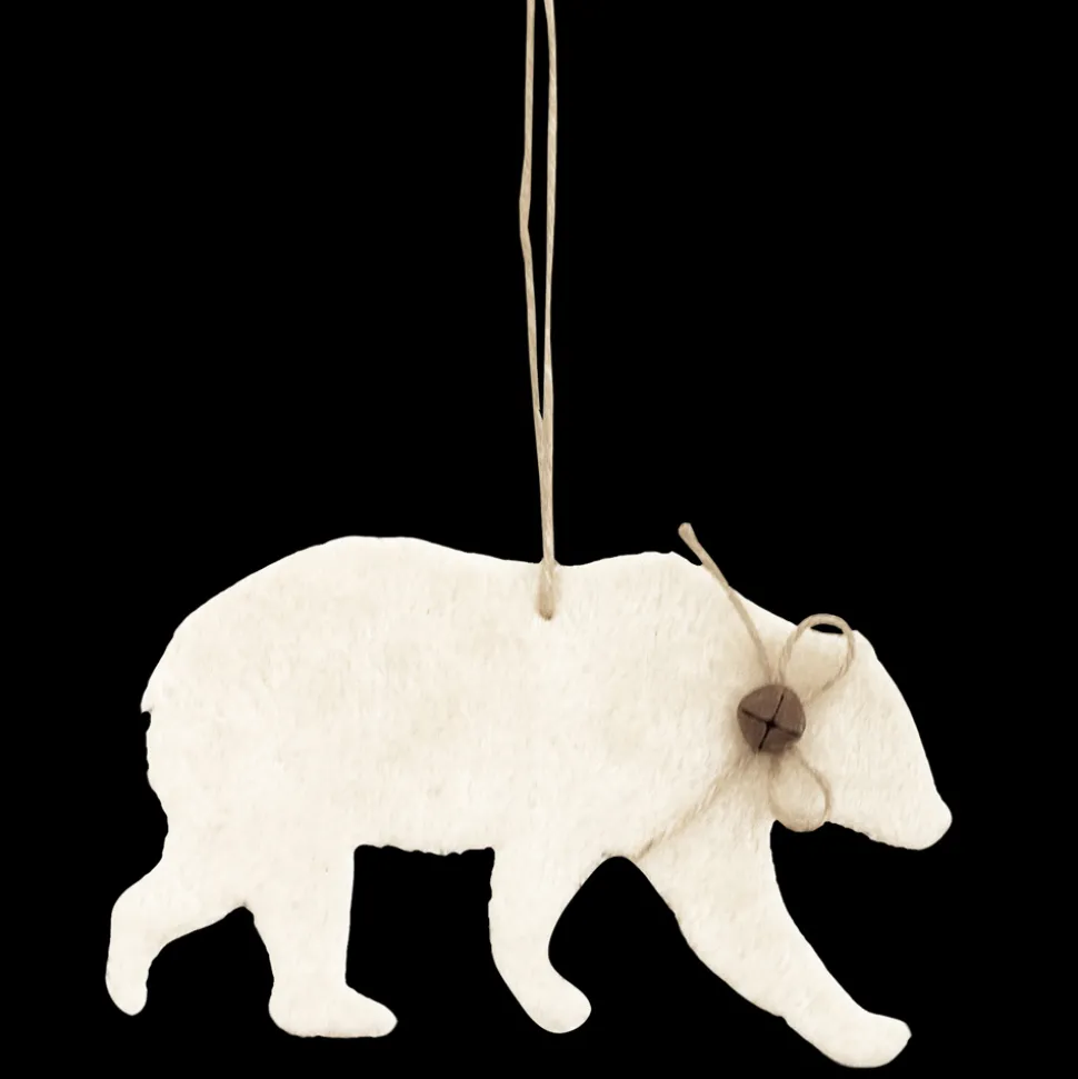 ORN WOODEN BEAR 7″ BEIGE FUR W/BELL