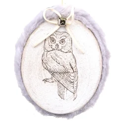 ORN WOODEN DISC 4.5″ BIRCH W/ OWL & FUR TRIM