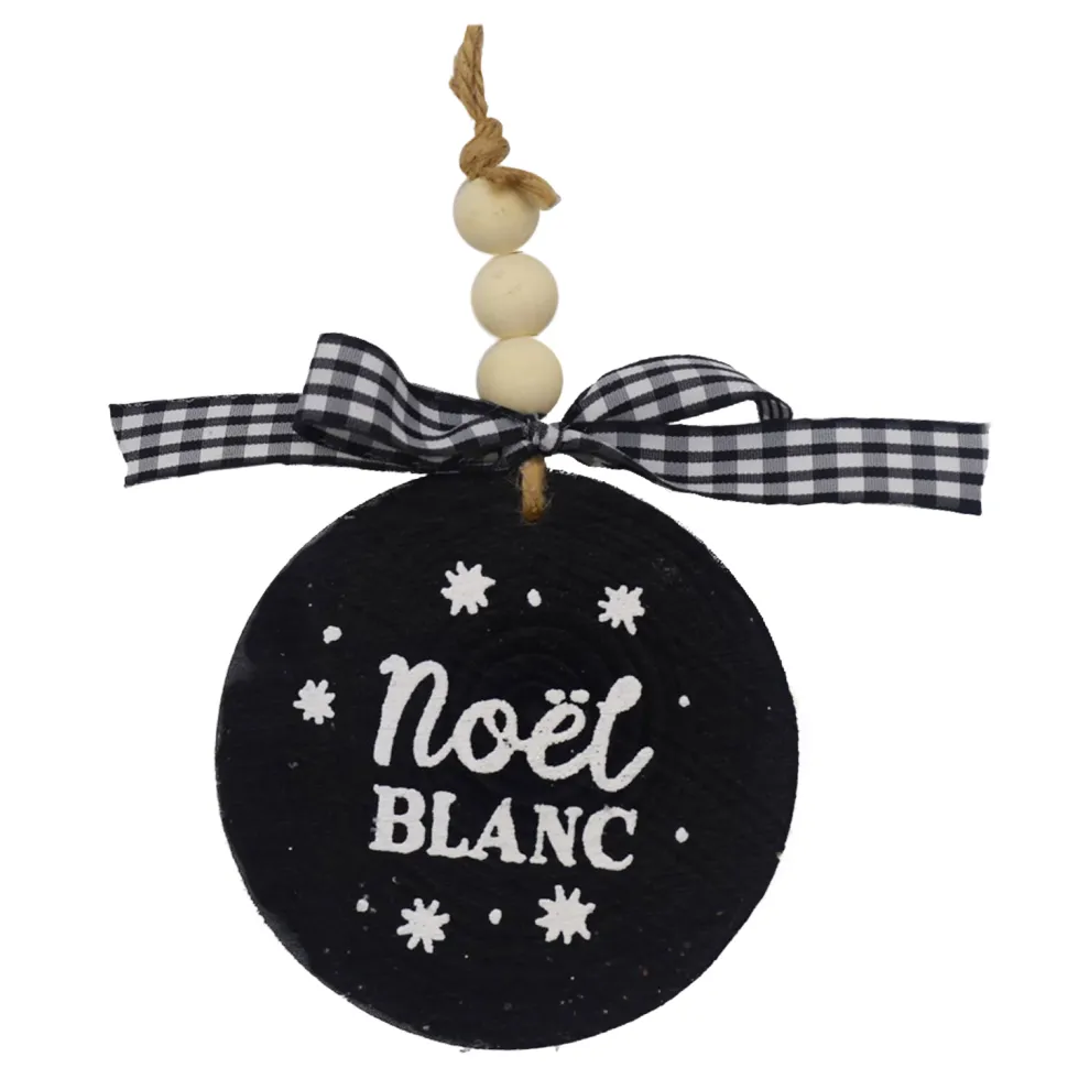 ORN WOODEN DISC 4″ BLACK W/NOEL