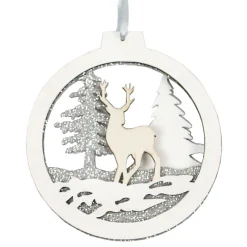 ORN WOODEN DISC 4″ DEER IN FOREST WHITE/SILVER