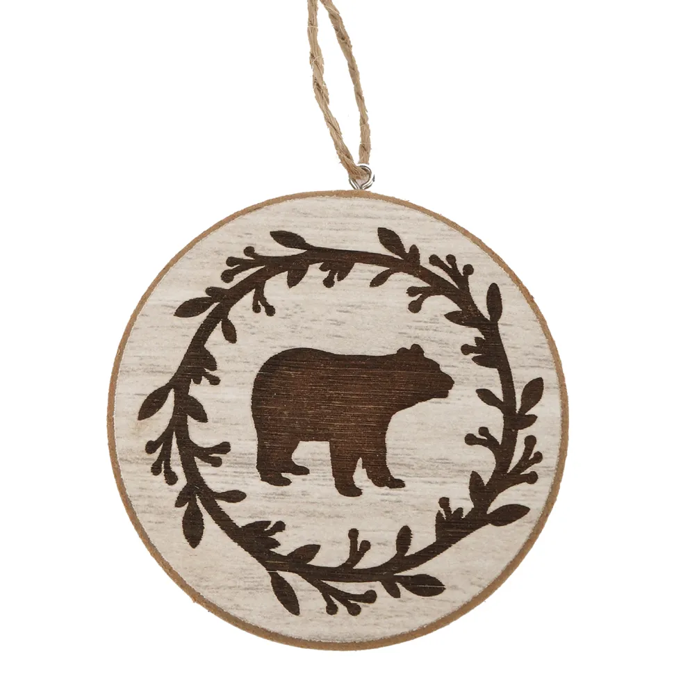 ORN WOODEN DISC 3″ NATURAL WITH BEAR