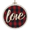 ORN WOODEN DISC 4″ RED/ BLACK “LOVE” BUFFALO PLAID W/ FROSTED BORDER