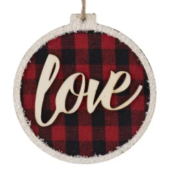 ORN WOODEN DISC 4″ RED/ BLACK “LOVE” BUFFALO PLAID W/ FROSTED BORDER