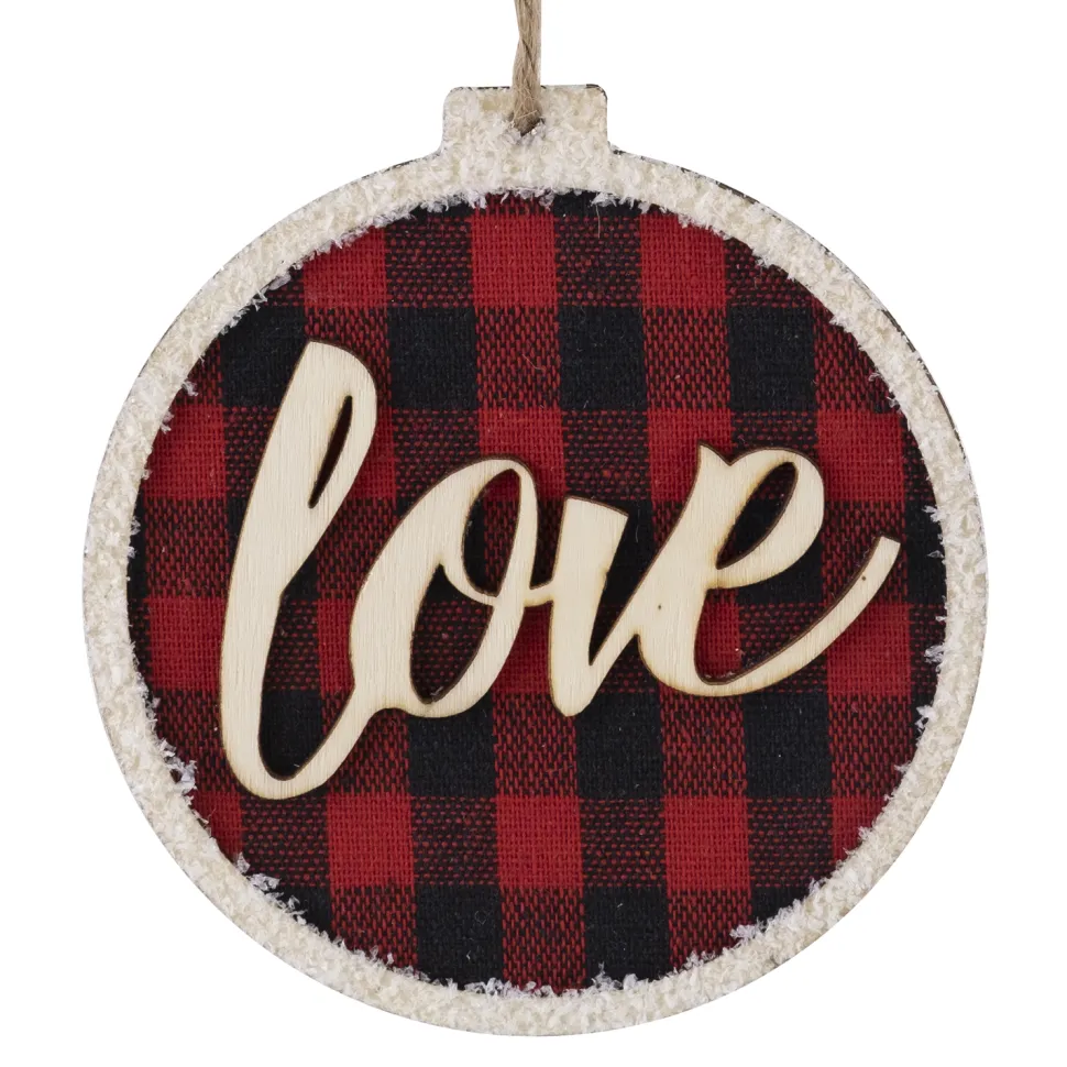 ORN WOODEN DISC 4″ RED/ BLACK “LOVE” BUFFALO PLAID W/ FROSTED BORDER