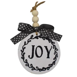 ORN WOODEN DISC 4″ WHITE W/JOY IN BLACK