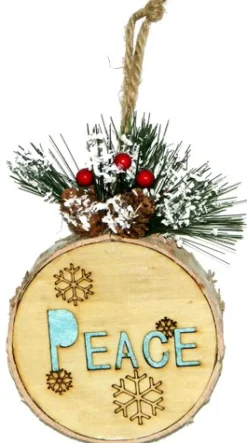 ORN WOODEN DISC 6″ W/PEACE LED