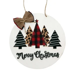 ORN WOODEN DISC 8″ W/TREES RED /BLACK /WHITE