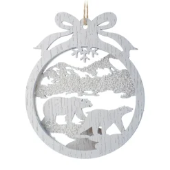 ORN WOODEN DISC BEAR IN DICS 5″ WHITE WASH W/ BOW