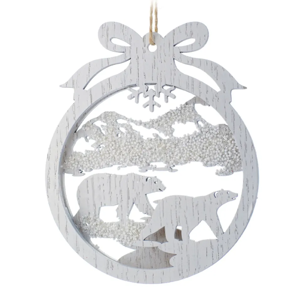 ORN WOODEN DISC BEAR IN DICS 5″ WHITE WASH W/ BOW