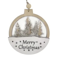 ORN WOODEN DISC “MERRY CHRISTMAS” 4.5″ NATURAL/WHITE