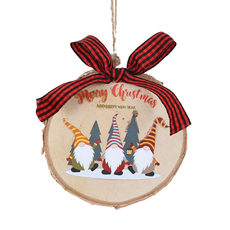 ORN WOODEN DISC NAT. 4″ W/ GNOMES RED/ BLACK BOW