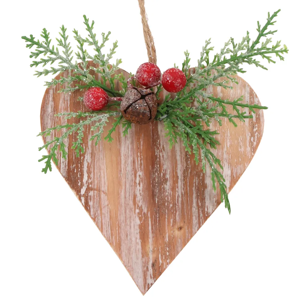 ORN WOODEN HEART 4″ WHITEWASH W/ CEDAR & BERRIES