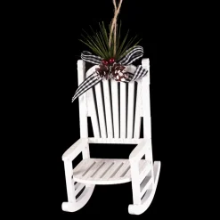 ORN WOODEN ROCKING CHAIR 5″ WHITE W/WHT/BLK CHECK RIBBON BOW & GREENS