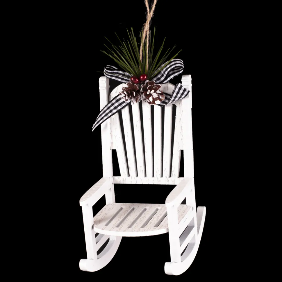 ORN WOODEN ROCKING CHAIR 5″ WHITE W/WHT/BLK CHECK RIBBON BOW & GREENS