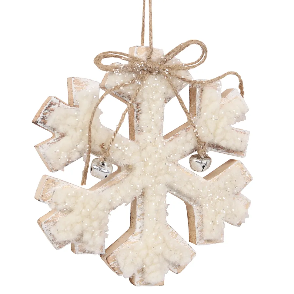ORN WOODEN SNOWFLAKE 6.5″ NATURAL/WHITE W/ SHERPA & BOW