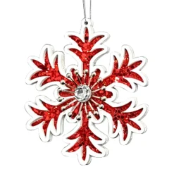 ORN WOODEN SNOWFLAKE 6″ W/GEM RED/ WHITE
