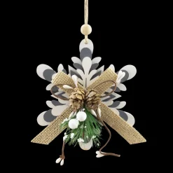 ORN WOODEN SNOWFLAKE 5″ WHITE/ GRAY W/BOW & GRNS