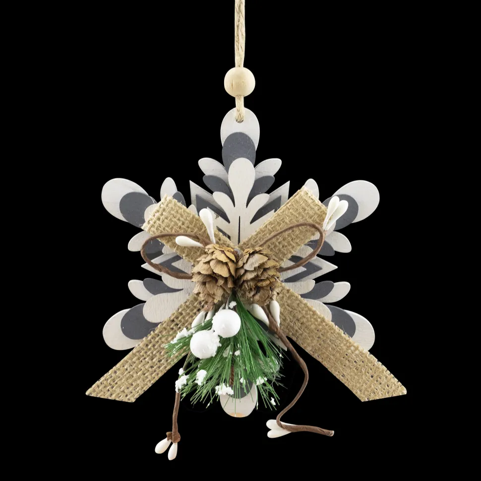 ORN WOODEN SNOWFLAKE 5″ WHITE/ GRAY W/BOW & GRNS