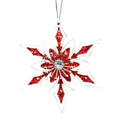ORN WOODEN SNOWFLAKE WOODEN 6″ W/GEM RED/WHITE