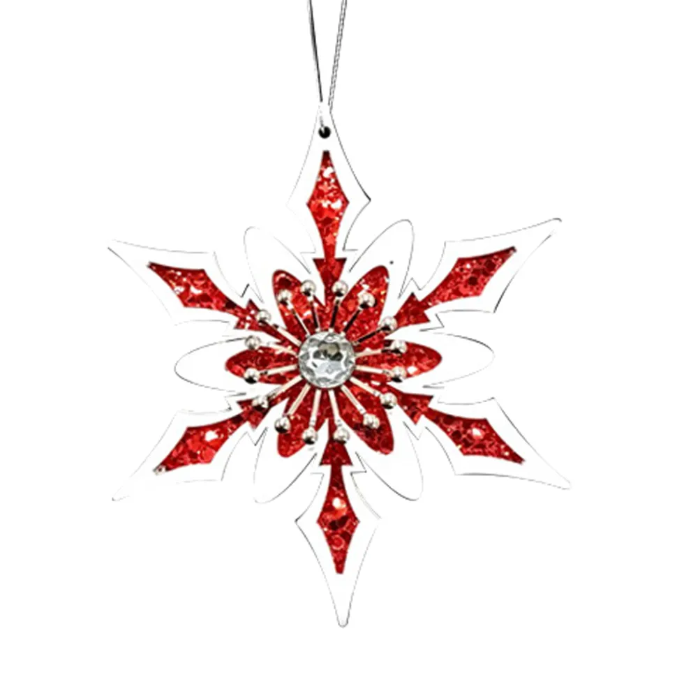 ORN WOODEN SNOWFLAKE WOODEN 6″ W/GEM RED/WHITE