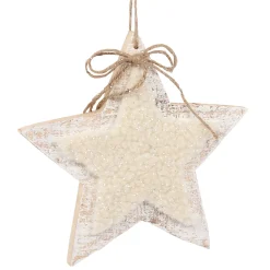 ORN WOODEN STAR 8.5″ NATURAL/ WHITE W/ SHERPA & BOW