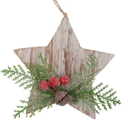 ORN WOODEN STAR 4″ WHITEWASH W/ CEDAR & BERRIES