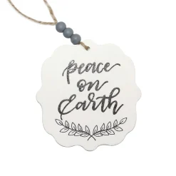 ORN WOODEN TAG 4″ WHITE “PEACE ON EARTH” 4″