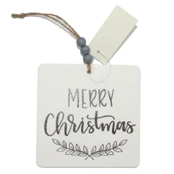 ORN WOODEN TAG 4″W/ MERRY CHRISTMAS WHITE/BLACK/GREY