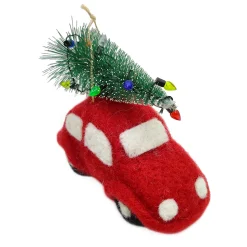 ORN WOOL AUTO CAR W/ CHRISTMAS TREE 3″ RED/GREEN