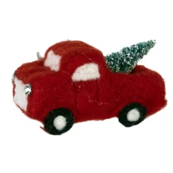 ORN WOOL AUTO TRUCK 2″H RED W/ TREE